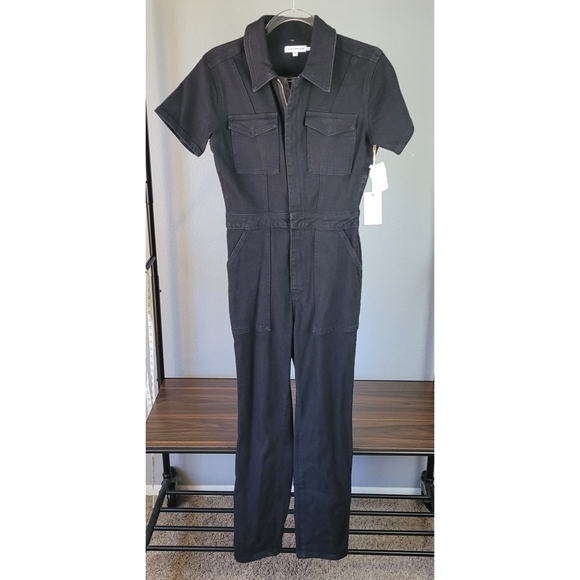 GOOD AMERICAN // fit for success short sleeved zip front stretch denim jumpsuit - Picture 2 of 7